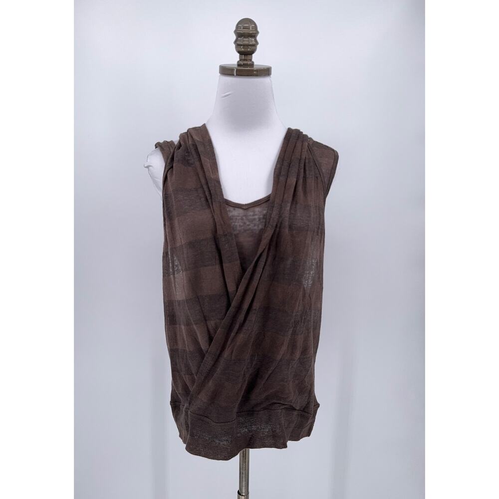 Cannisse Vintage Brown Striped Knit Draped Hooded Sleeveless Layered Tunic Top